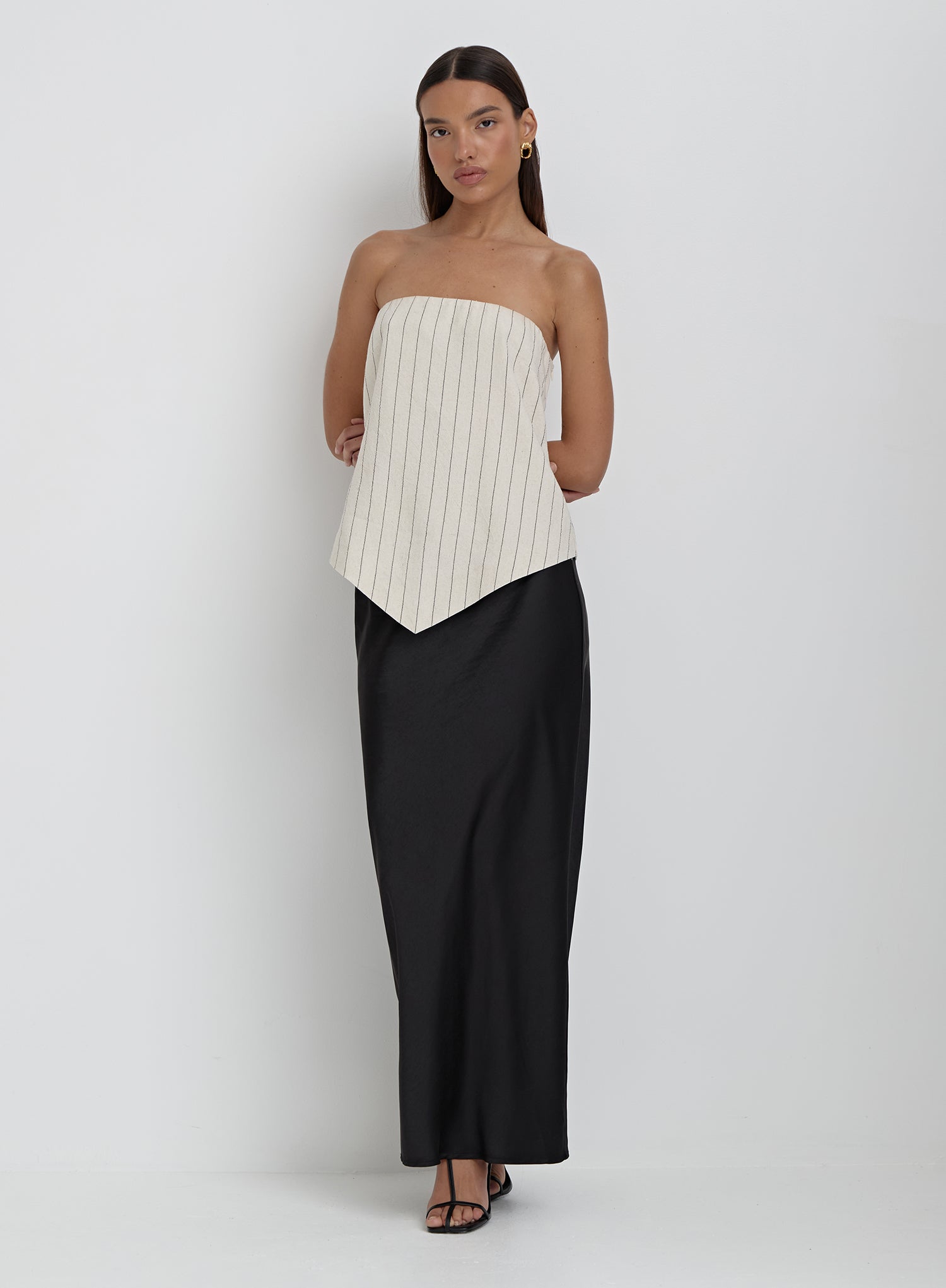 Beige Striped Linen Bandeau Top